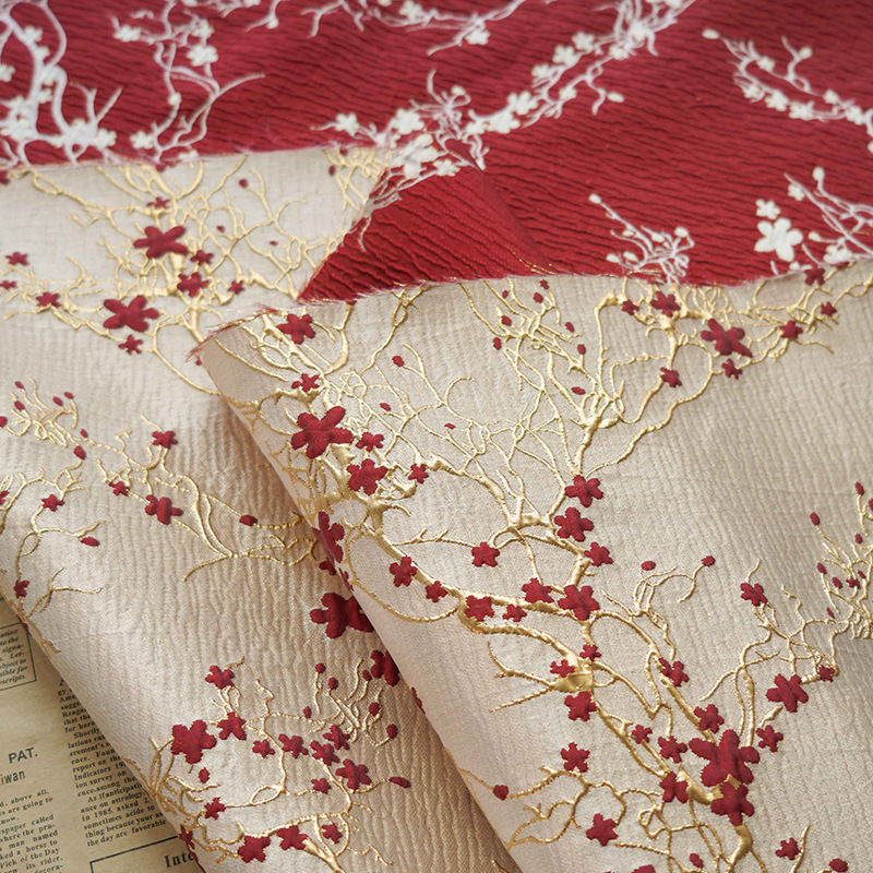 Home Textiles Luxury - Lüks Kırmızı Erik Çiçeği Jakarlı Kumaş